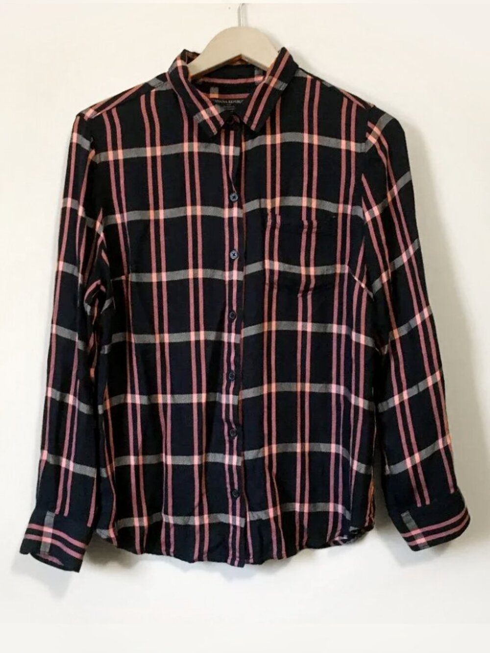 BANANA REPUBLIC Midnight Navy Blue Blush Pink Plaid Button Up Shirt M Preppy